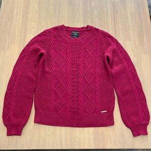 Abercrombie & Fitch Cable Knit Puff Sleeve Crewneck Sweater Dark Pink Size Small